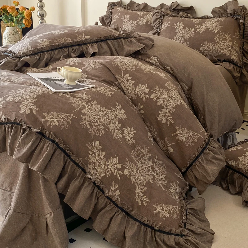 法式复古水洗亚麻原麻四件套双层纱床上用品花边被套床单高端家用