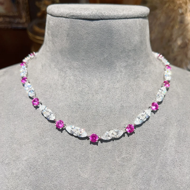 坠链均925银合成锆石 玫红镂空马眼时尚轻奢项链女款