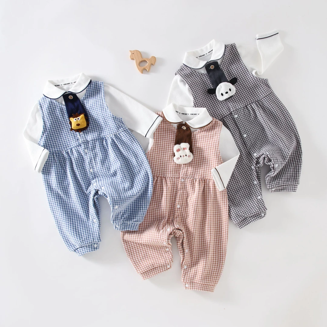 宝宝连体两件套哈衣洋气爬服男女春秋纯色打底衫连体衣套装婴幼儿
