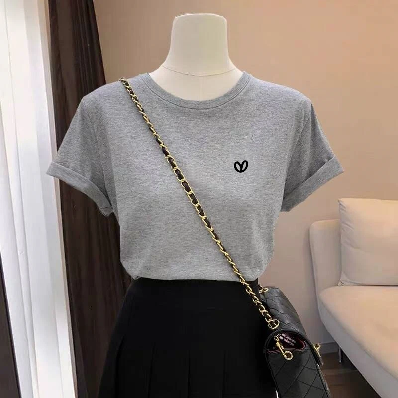 夏季薄款2025年新款正肩纯棉短袖t恤女百搭洋气灰色上衣打底衫潮