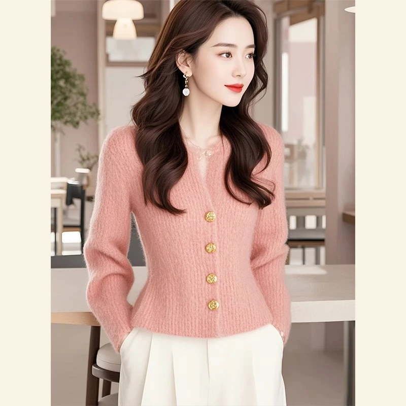 小香风粉色V领长袖针织开衫女收腰显瘦毛衣今年流行超好看上衣服