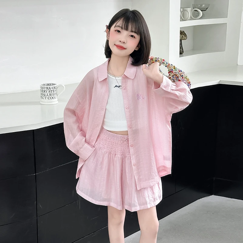 女童夏装防晒衣套装2025新款时尚洋气女孩夏季防晒衬衫短裤两件套