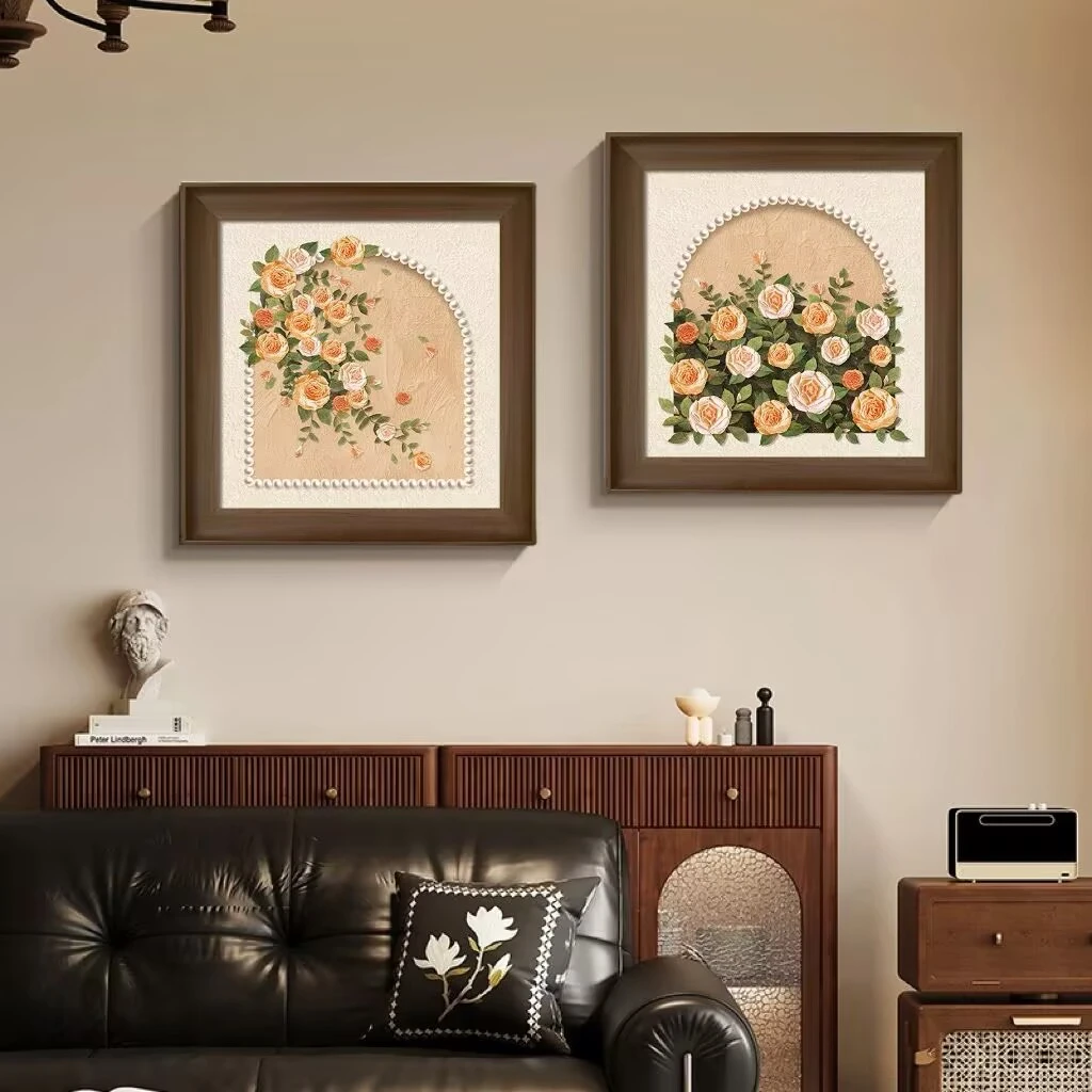 FR10中古风奶油风客厅卧室装饰画法式复古玄关柜挂画玫瑰花摆台画