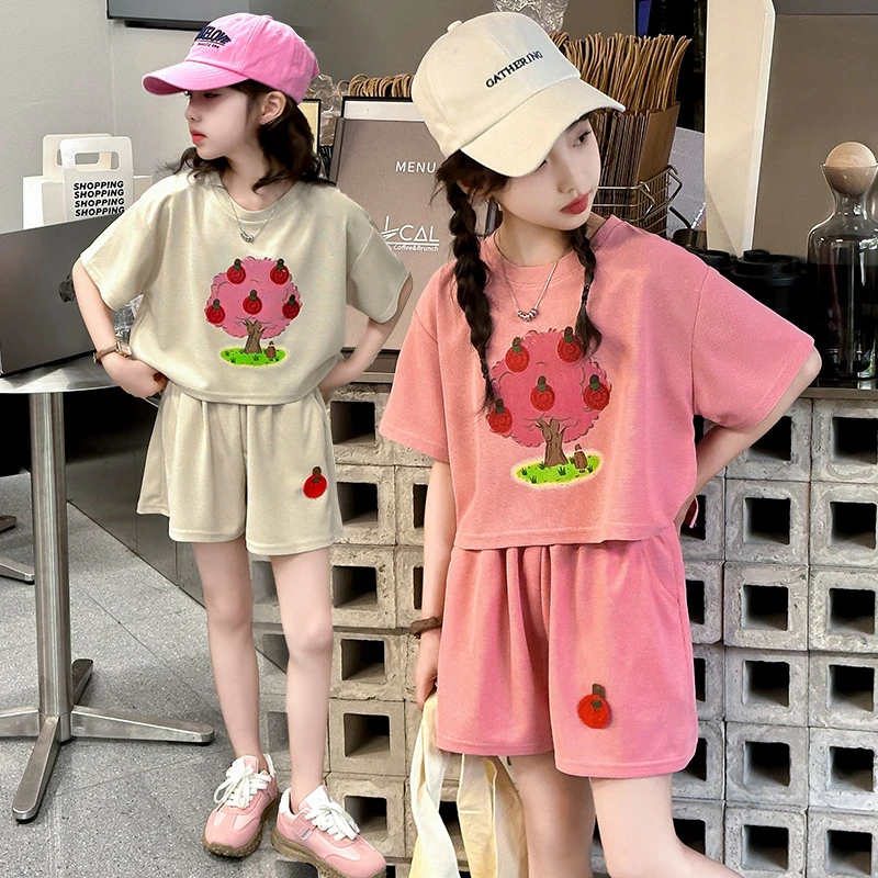 戴维贝拉【断码】儿童时尚休闲两件套夏季2025新款女童洋气短袖T恤