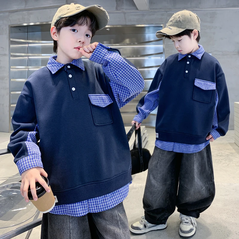 男童秋冬款卫衣加绒加厚2025新款大童冬装拼接儿童冬季假两件上衣