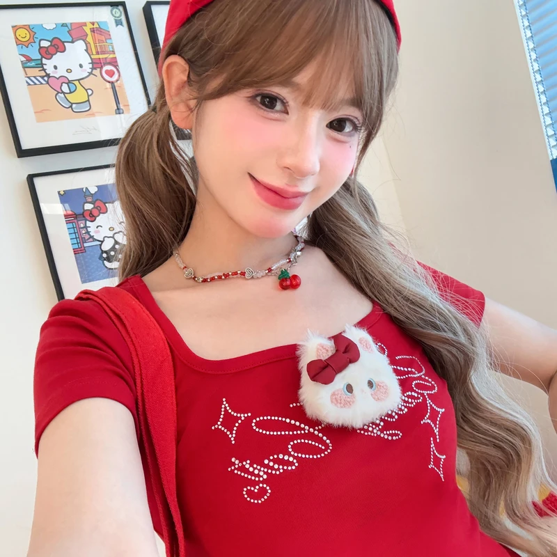 森女部落甜美风猫咪红色显白方领修身显瘦夏季新款短袖上衣T恤女