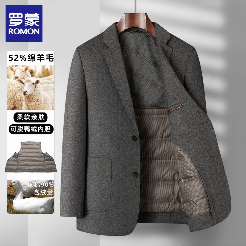 罗蒙2025新款毛呢大衣男短款冬季加厚鸭绒内胆羊毛西服双面呢外套