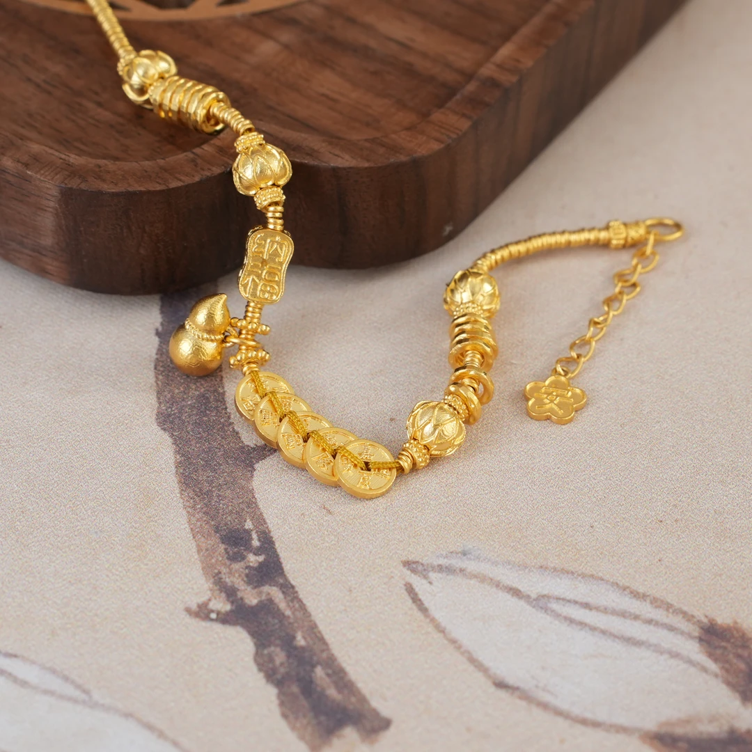 五帝钱盘缠金莲花隔珠足金手链