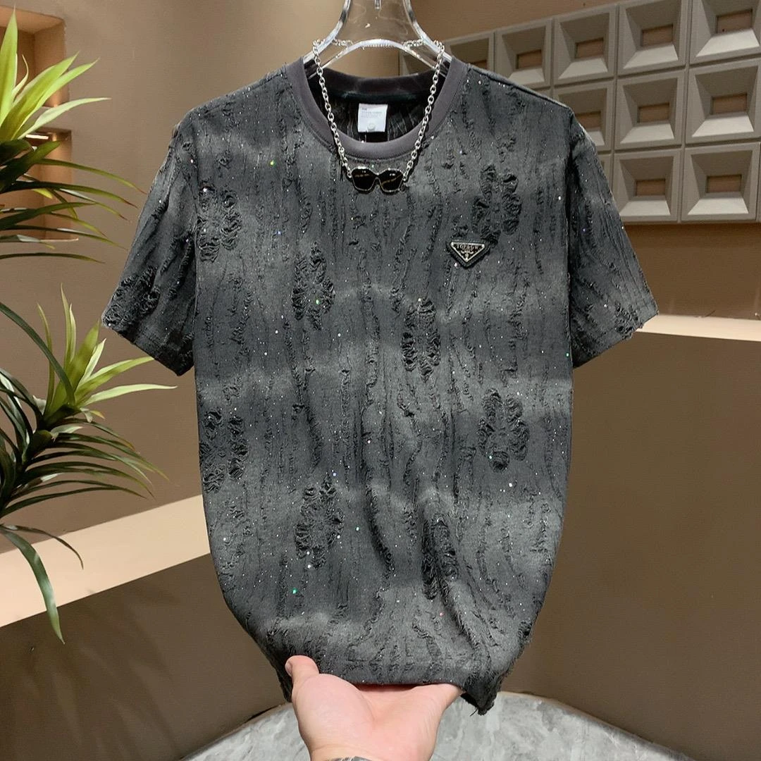 潮流设计感破洞渐变短袖T恤男士夏季新款轻奢高定满天星圆领上衣