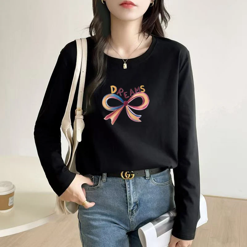 春秋款时尚休闲纯棉白长袖T恤女打底衫新款宽松百搭简约印花体恤