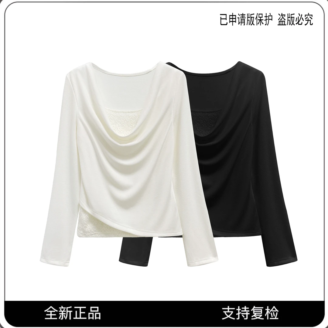 68516#CSIN轻奢简约堆堆领假两件T恤2025秋冬百搭个性潮流上衣