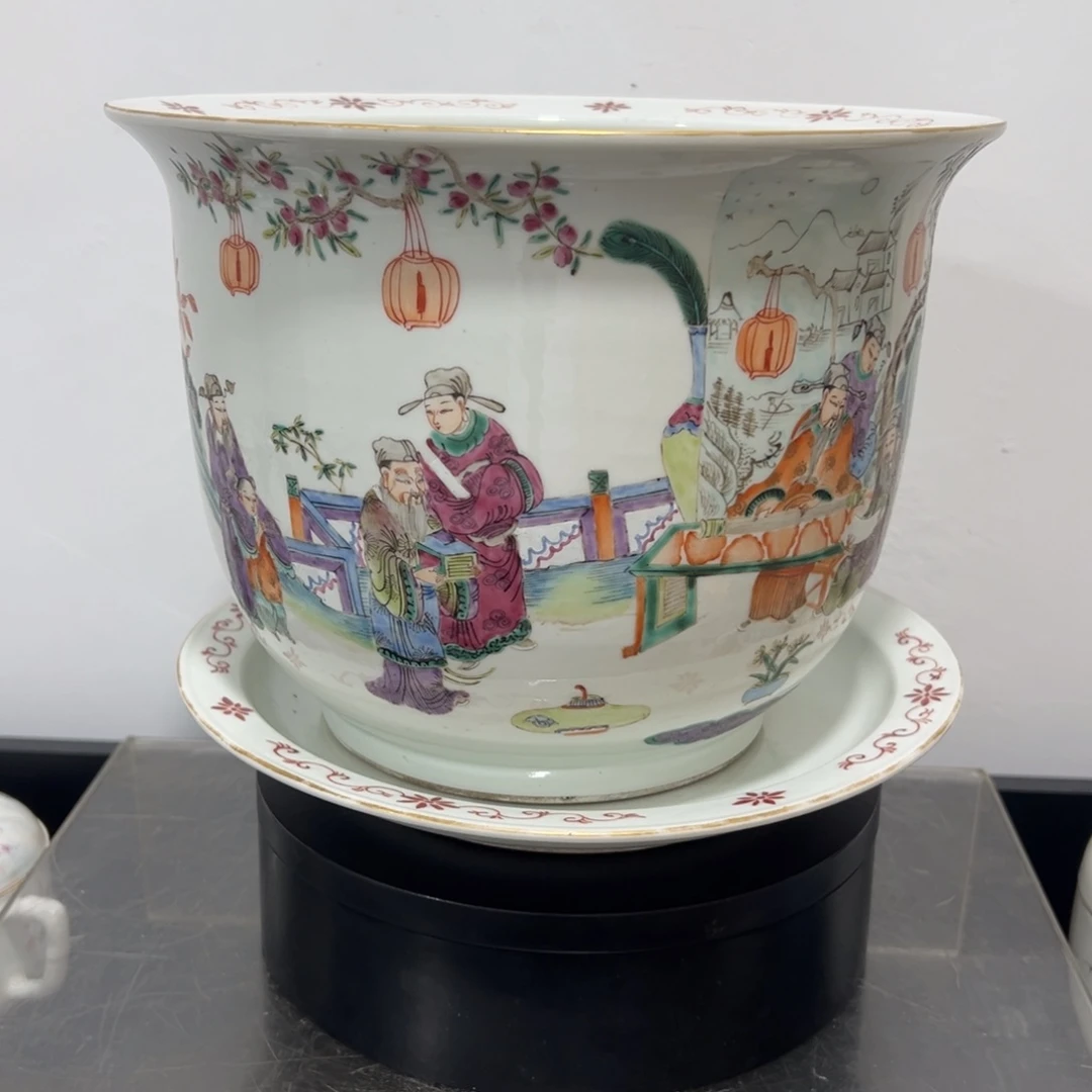 励***哥粉彩唐宫夜宴图花盆