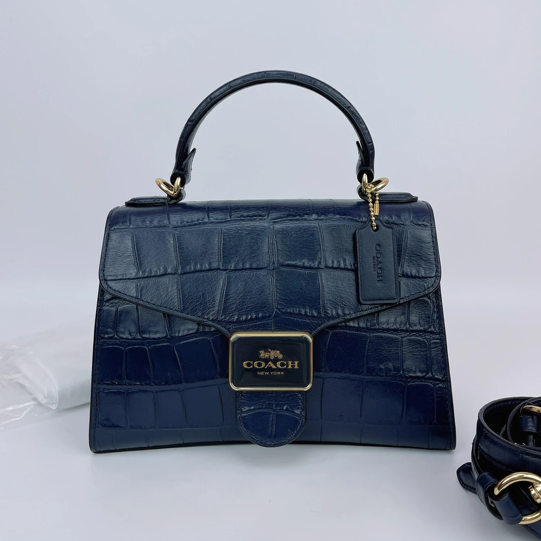 95新 COACH/蔻驰 蔻驰 蓝色牛皮手提单肩包底长22 O222