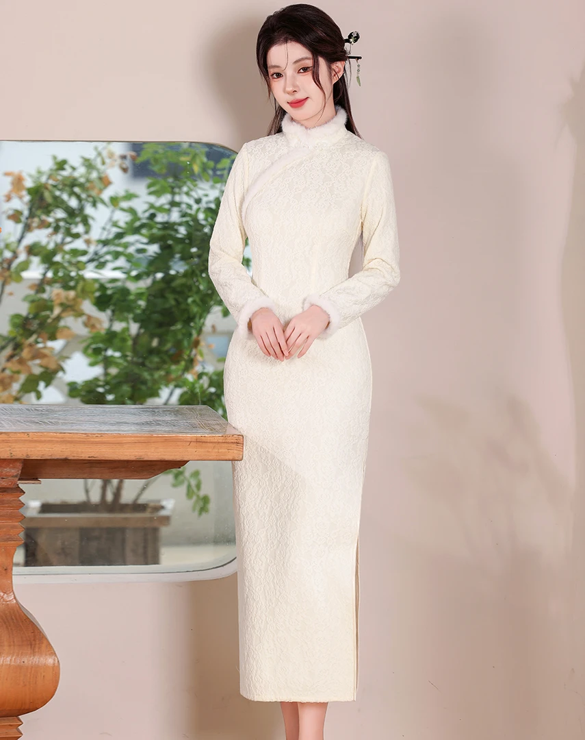 CXEGEGM/尘记【向天歌】冬款中国风加厚优雅风提花毛领气质旗袍9100