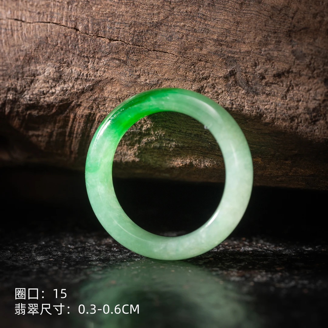 冰种飘绿翡翠戒圈 15圈囗 天然缅甸翡翠A货 0813008