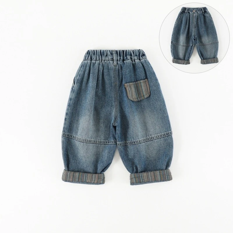 儿童牛仔2025裤春秋新款男女童长裤童装韩版拼接撞色裤子