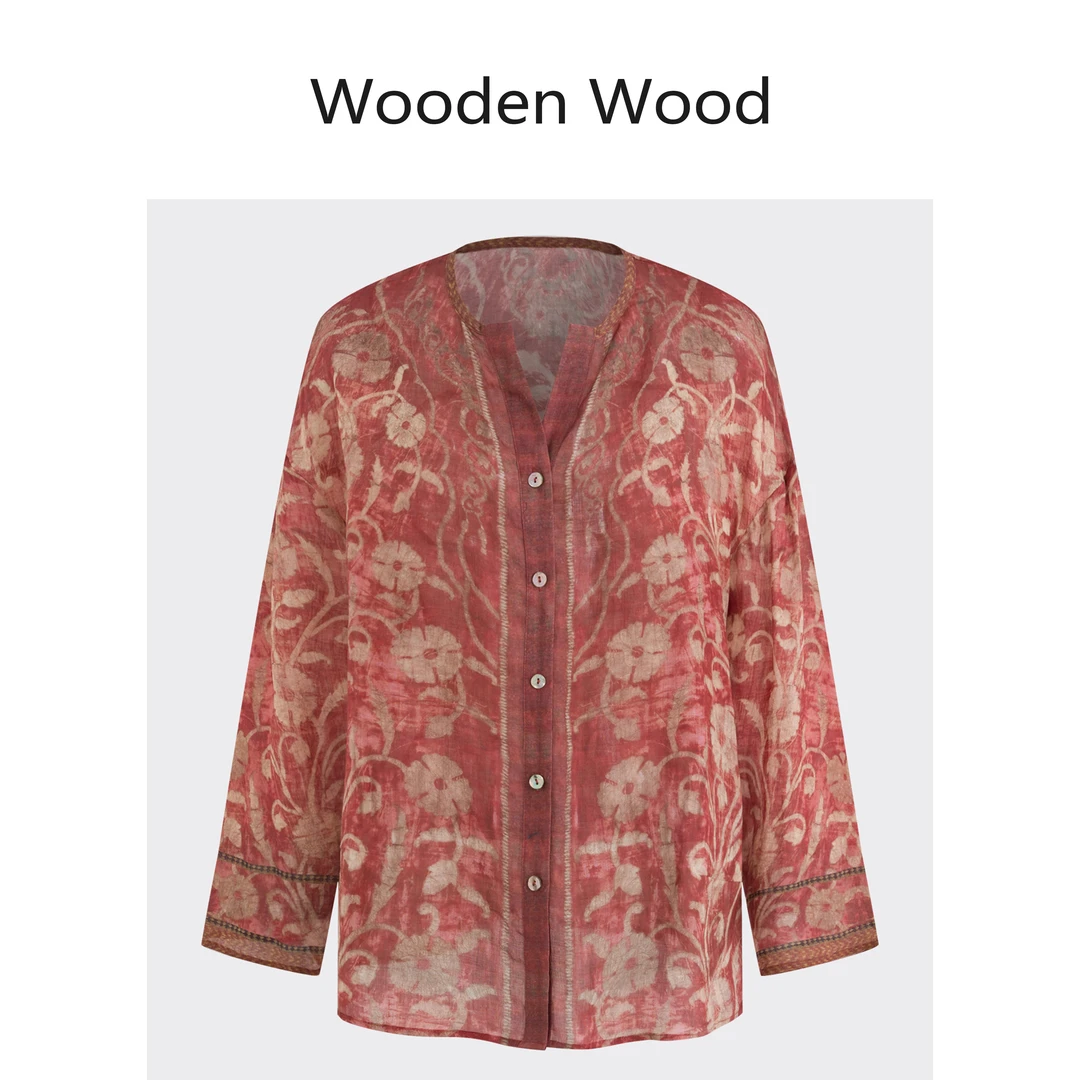 Wooden Wood“漫漫花野”高端气质复古单排扣苎麻印花衬衫P24072