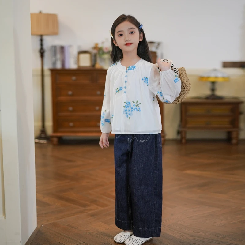 53916女童衬衫刺绣长袖度假风法式衬衣2025秋季新款洋气休闲童装