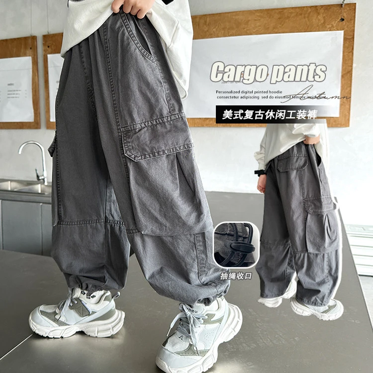 儿童韩版大口袋工装裤男童春秋款韩帅气裤潮童潮酷时尚个性长裤潮
