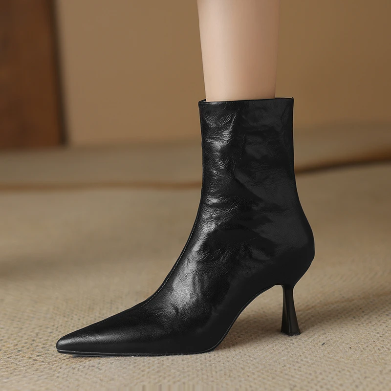 5.5cm法式尖头细跟短靴真皮黑色侧拉链瘦瘦靴秋冬百搭高跟时装靴
