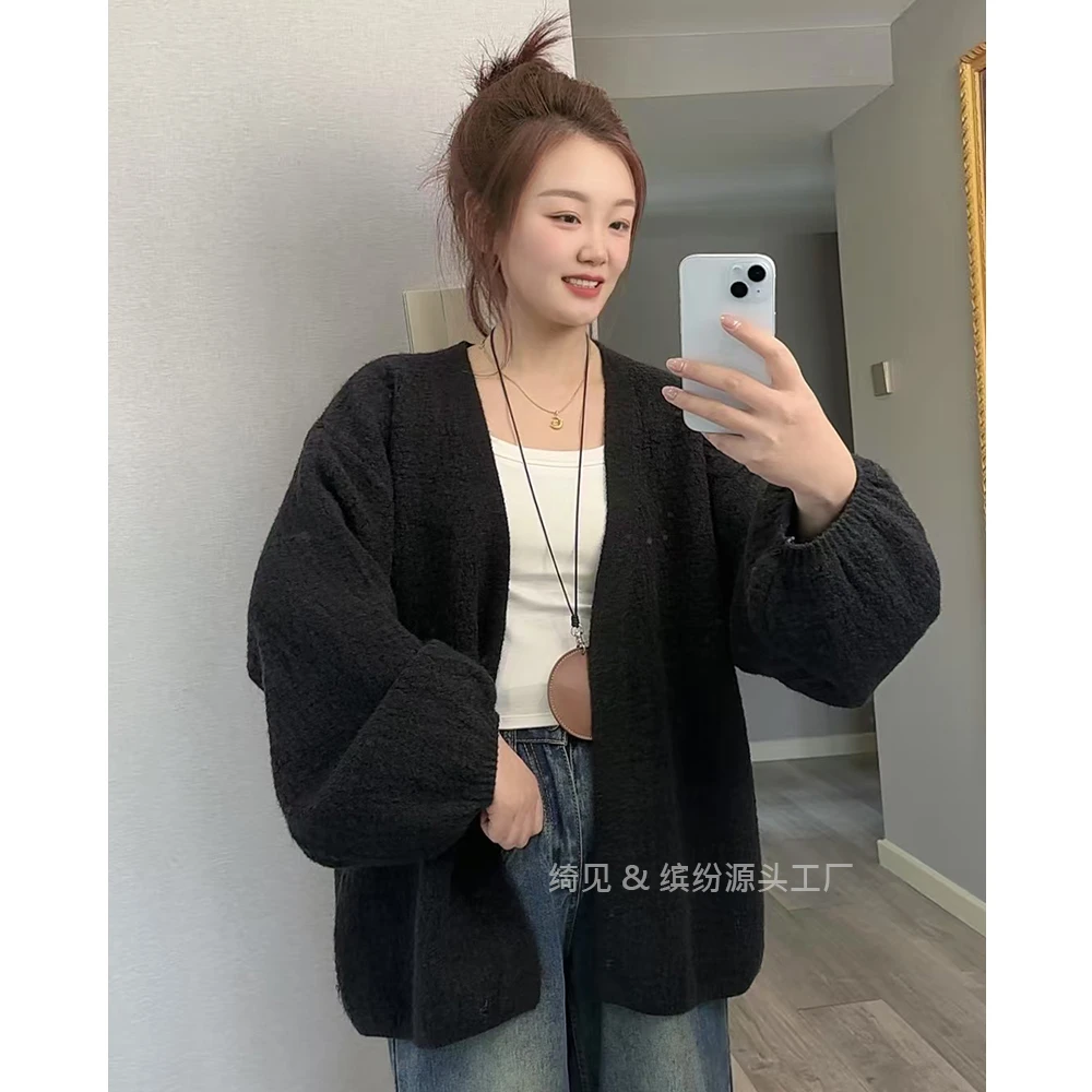 2025秋冬新款树皮纹泡泡袖外套慵懒风针织衫百搭开衫韩版外套网红