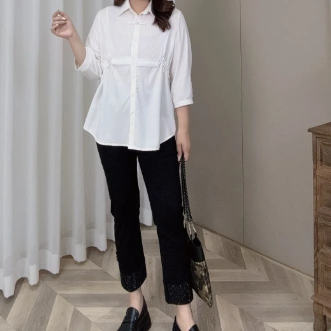 PWD32316（上衣）早春新款气质时尚抽绳收腰中袖大码衬衫【衣长73