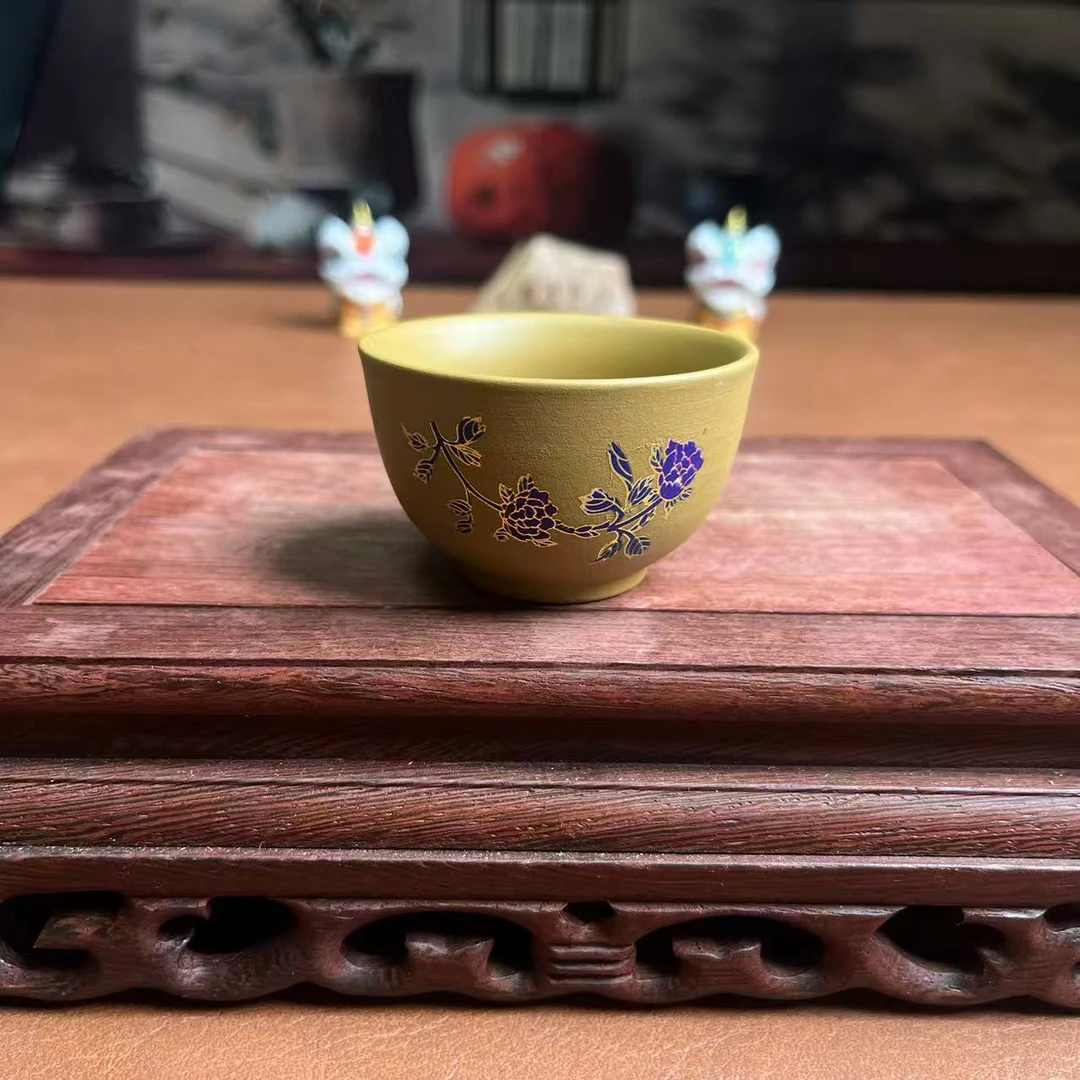 黄段泥【花开富贵-牡丹】小圆杯-5872