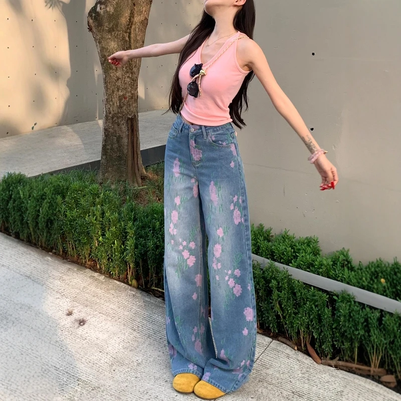 韩版直筒百搭减龄重工提花刺绣阔腿牛仔裤女高腰宽松显瘦长裤复古