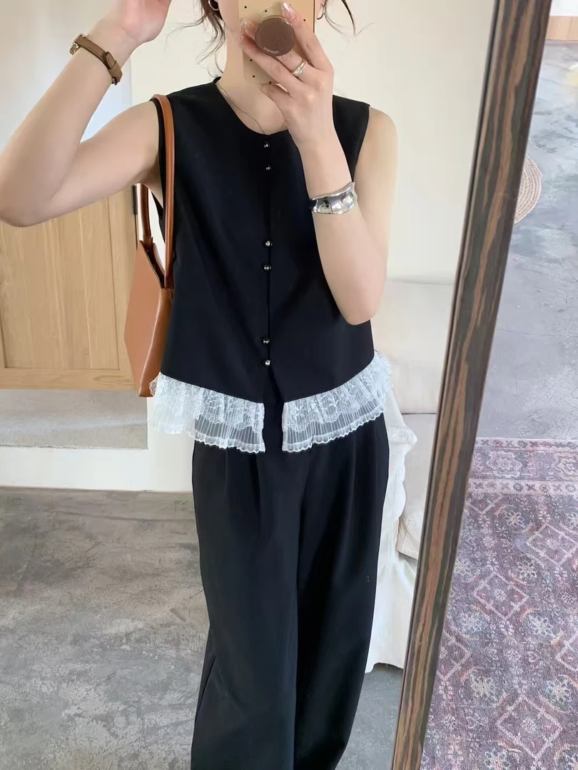 2025夏新款原创设计正品韩系时尚撞色下摆蕾丝拼接马甲阔腿裤套装