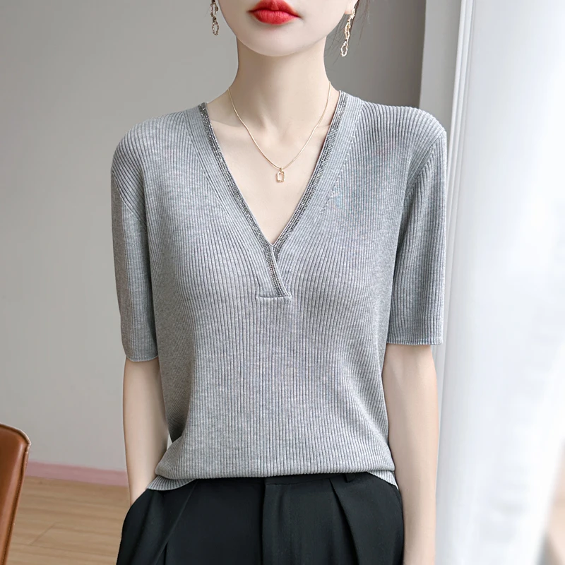夏季莱赛尔天丝100新款针织衫T恤女洋气V领烫钻气质百搭短袖上衣
