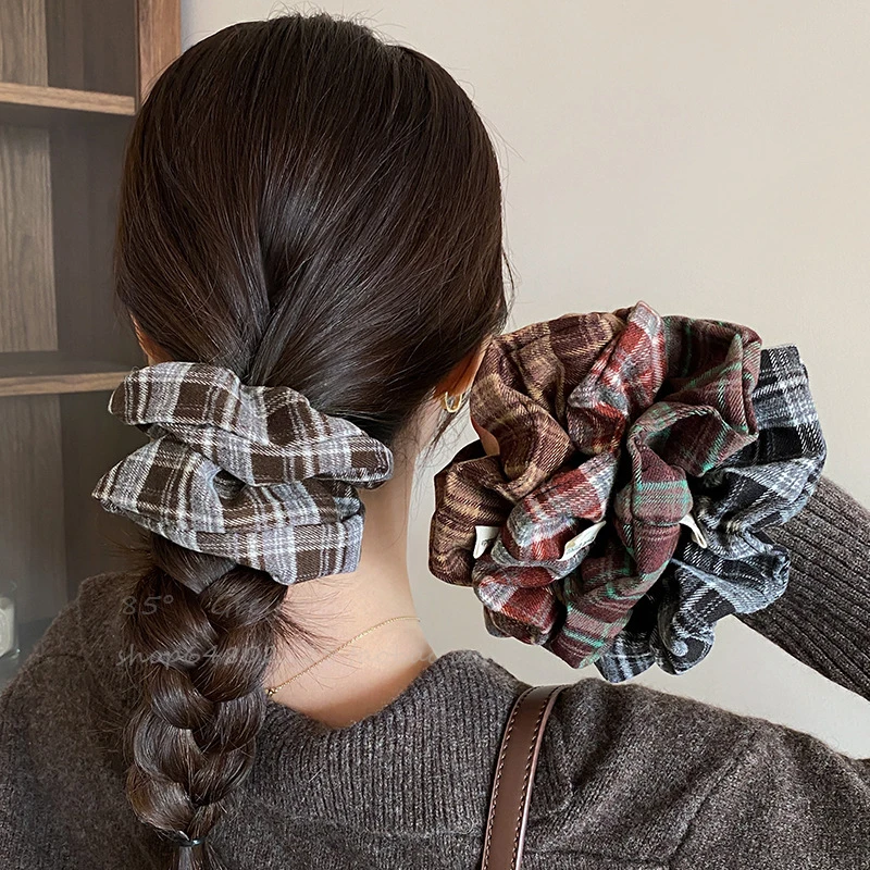 新款学院风复古深色系格纹大肠发圈女秋冬发绳时尚百搭头绳发饰