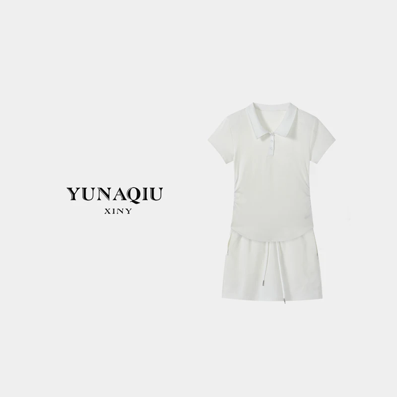 YUNAQIU-显瘦气质收腰修身设计感polo短袖松紧腰套装-5326