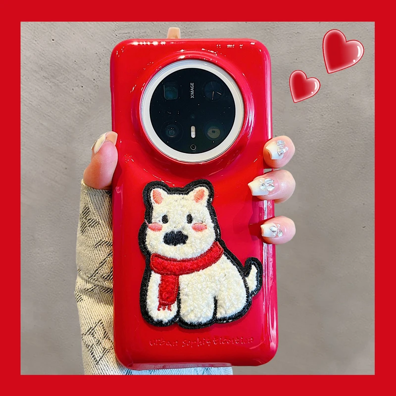 华为mate70pro手机壳pura70pro刺绣毛绒红围巾西高地苹果16/15/14