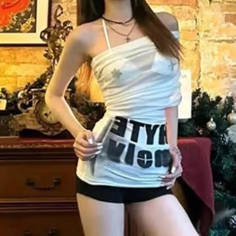 美式一字肩罩衫女夏季腰头切割拼接印花吊带上衣辣妹比基尼两件套