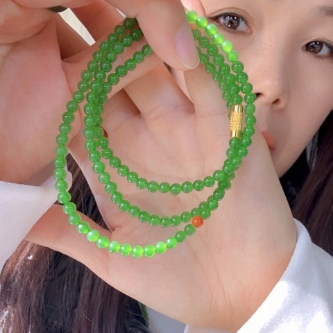 和田玉（碧玉）未镶嵌颈饰和田玉碧玉卡4冰底阳绿小米珠