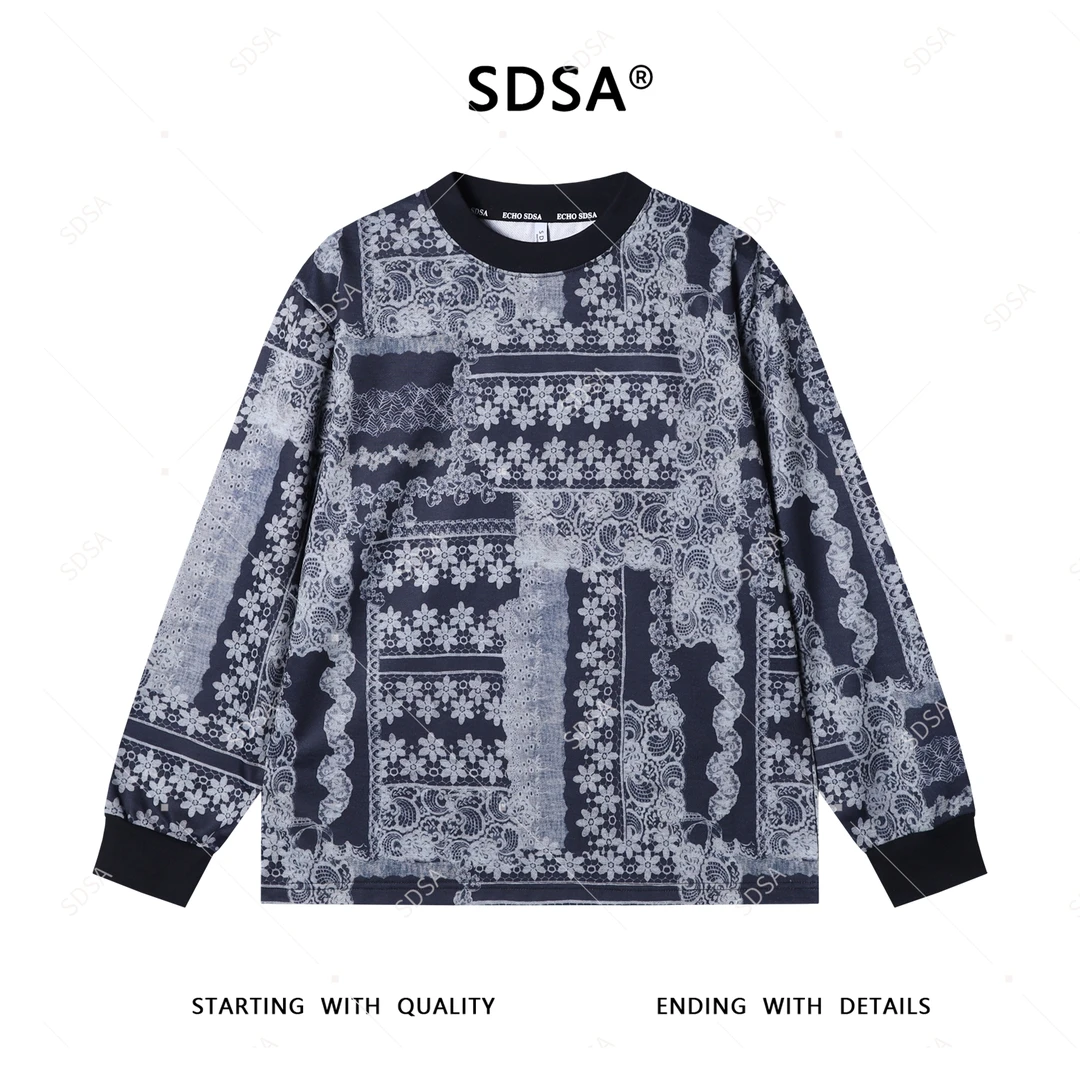 SDSA男士2025新款轻奢痞帅男装撞色花朵满印圆领长袖T恤潮流宽松