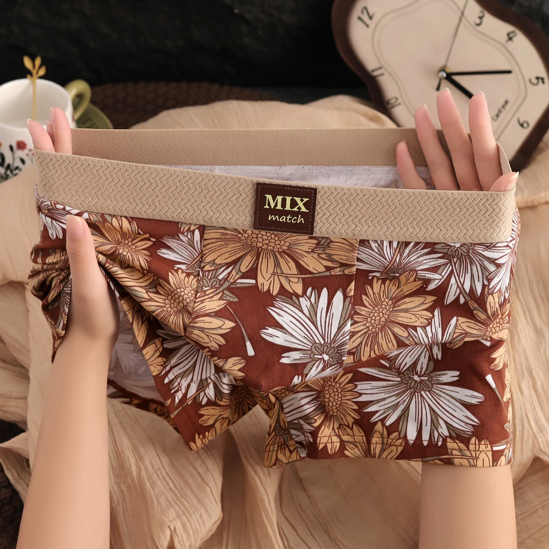 新款潮流个性男士内裤学生复古花卉典雅短裤头青年透气舒适平角裤