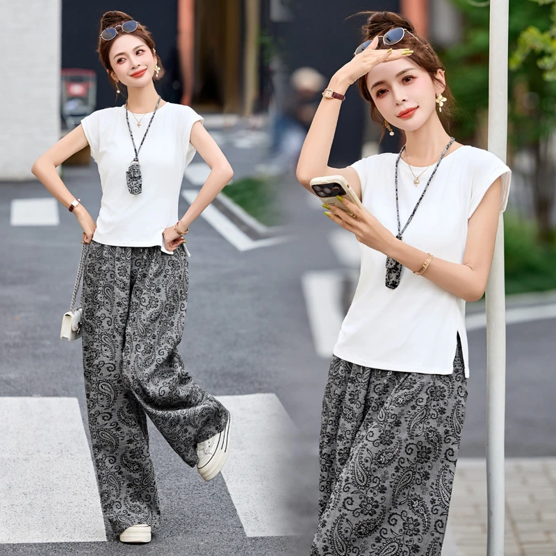 2025夏季新款韩版宽松百搭T恤松紧腰提花阔腿裤显瘦长裤两件套女