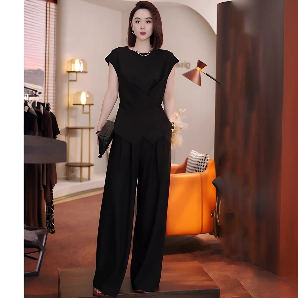 大码圆领无袖不规则绑带上衣休闲两件套胖mm夏季薄款法式气质套装