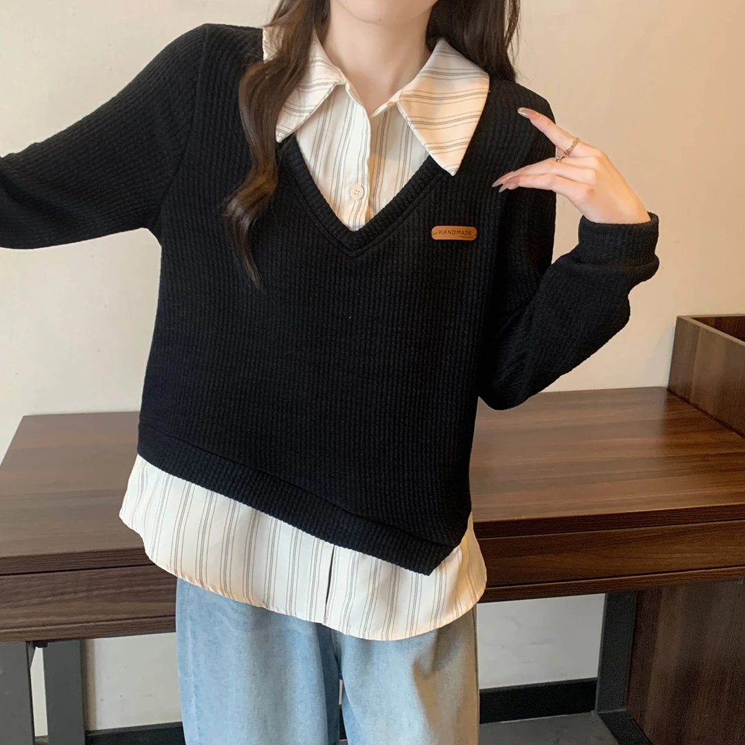 长大码女秋季假两件长袖卫衣微胖mm不规则拼接条纹衬衫63800