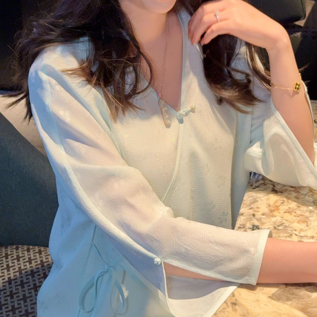 墨染之道 “春日清新海盐蓝”落花流水纹花罗轻柔小上衣FX0357