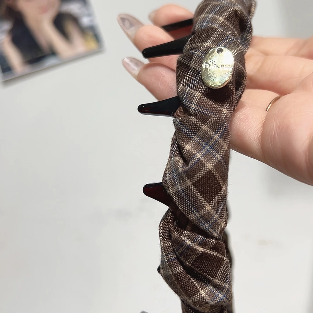 仿珍珠非金属咖色格子发箍