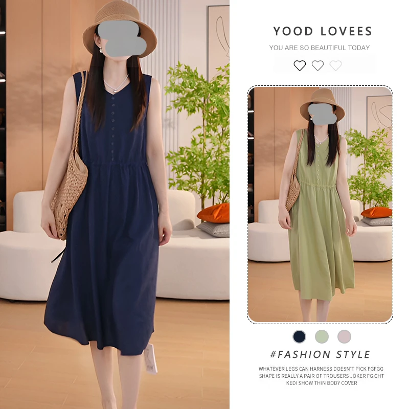 2025年夏季淡人气质显瘦无袖单排扣连衣裙夏季女士翻领无袖连衣裙