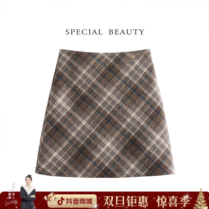 丝柏舍2025棉冬装新款女装高腰显瘦A字短款学院风半身裙S43B6278B