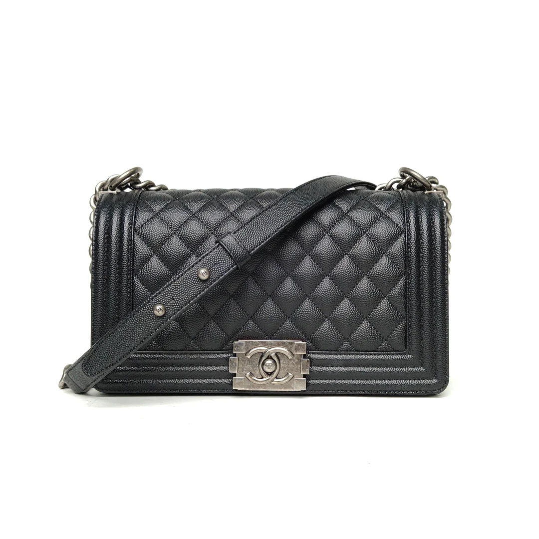 未使用 Chanel/香奈儿 小花6珊Leboy 中号 25cm 黑色 芯片开银扣