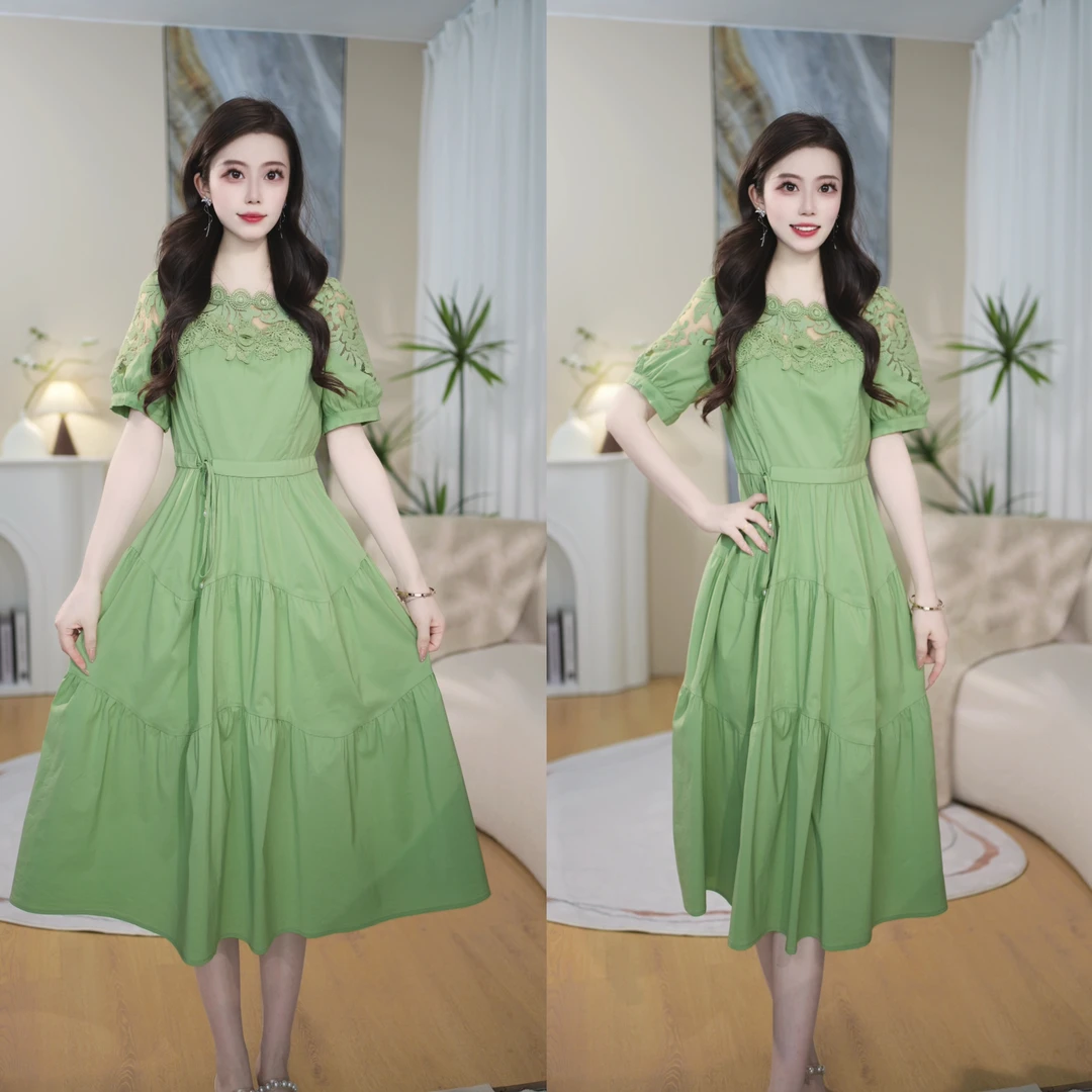 2025高腰夏季常规极简风纯色连衣裙长裙裙子蕾丝复古显瘦气质