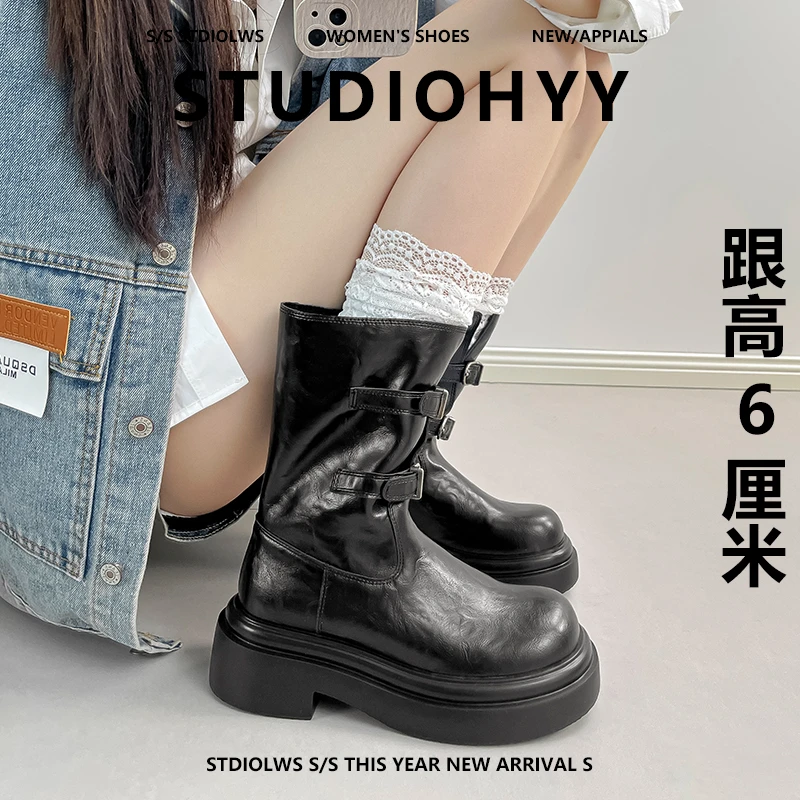 【禾央央】6cm吴宣仪同款厚底机车中高筒皮带扣靴子显瘦马丁骑士靴