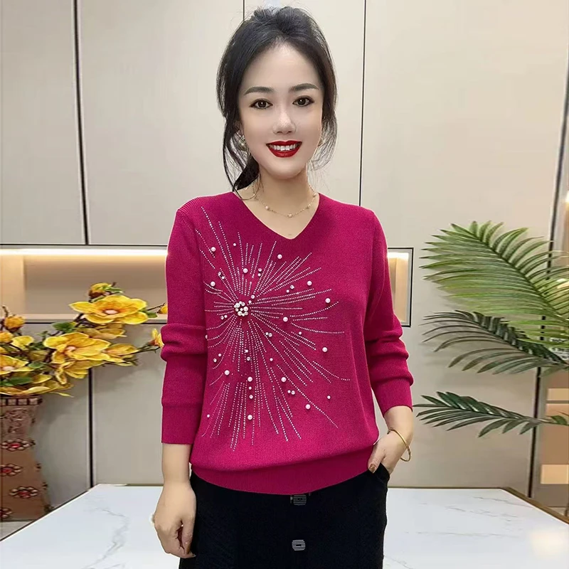 2025早春新款针织衫洋气妈妈长袖V领打底衫毛衣宽松遮肚显瘦上衣