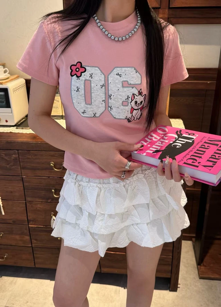 （南油娜姐）2025夏季新款：小众设计减龄可爱猫咪刺绣短袖T恤25243