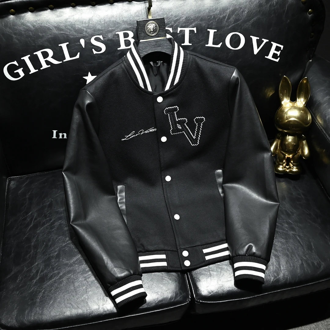 哈曼勒拿轻奢高端潮流毛呢拼皮夹克男春秋季新款帅气棒球领外套